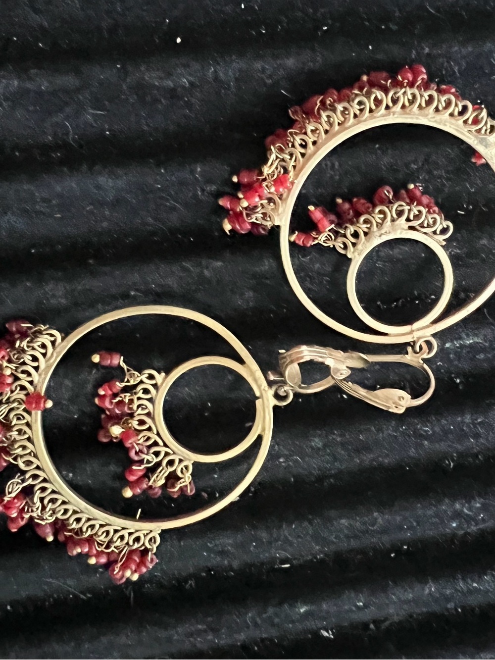 Gold-Tone Hoop Earrings with Red Bead Fringe